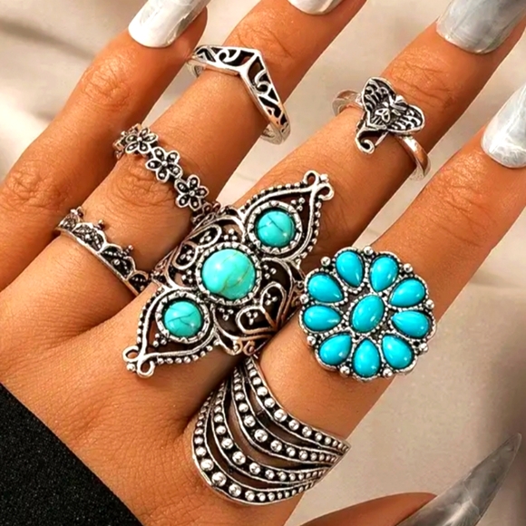 Vintage Turquoise Elephant Geometric Ring 7pcs/SetBoho Style Decor Jewelry - Picture 10 of 10